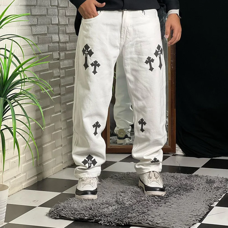 Aesthetic White Straight Fit Baggy Jeans For Men