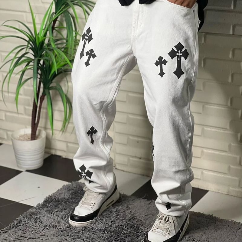 Aesthetic White Straight Fit Baggy Jeans For Men